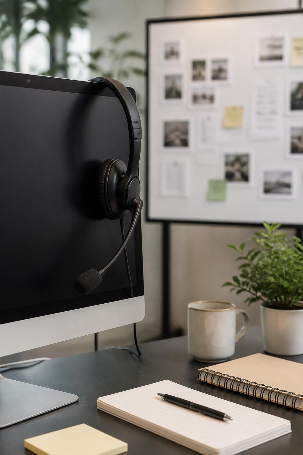 Clean office workstation with headset and client strategy materials.