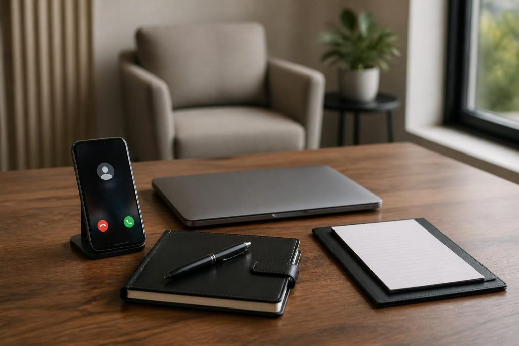 Organized office setup with phone, laptop, and planner items.