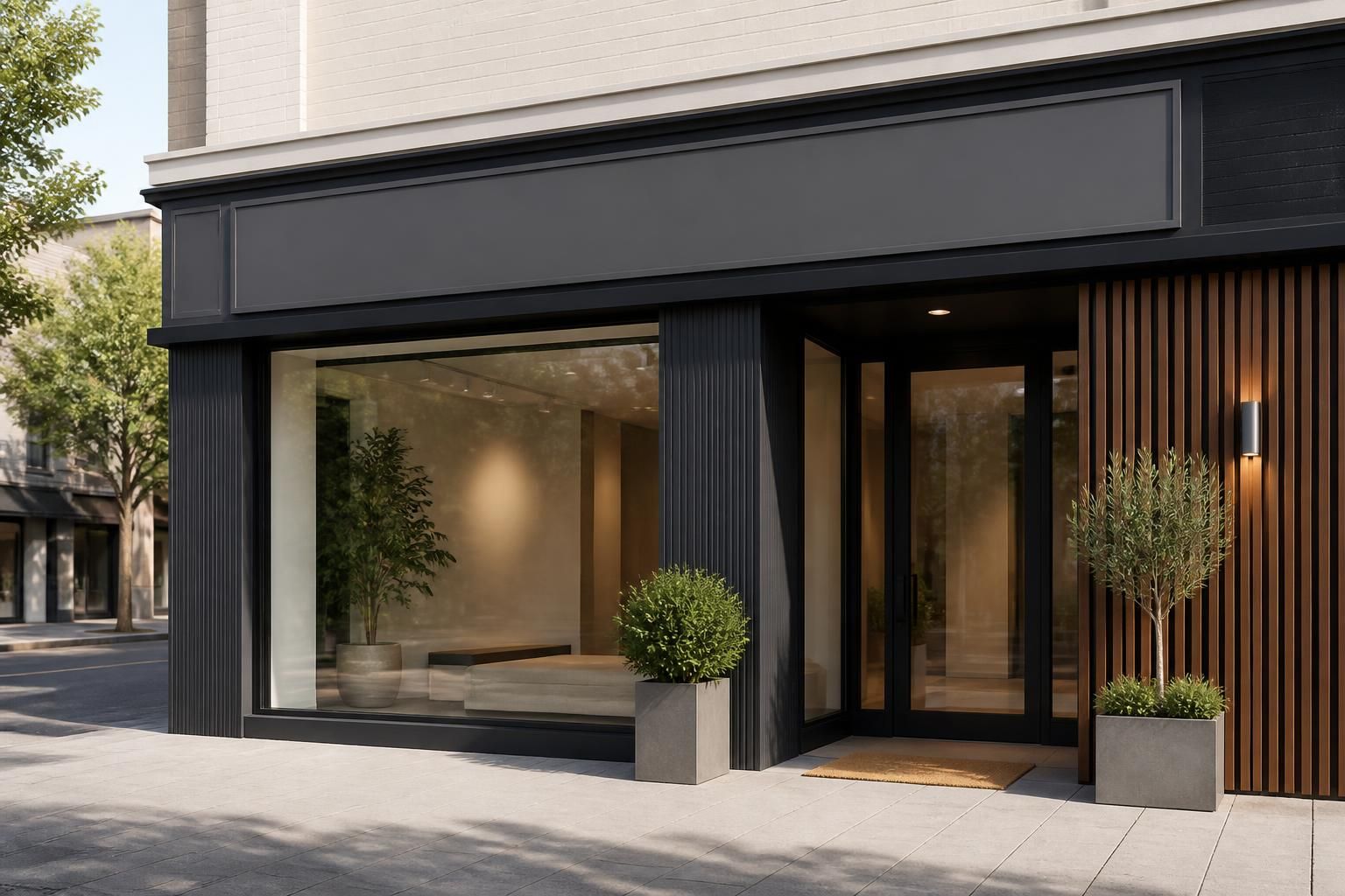 Modern storefront exterior with clean entrance and open space.